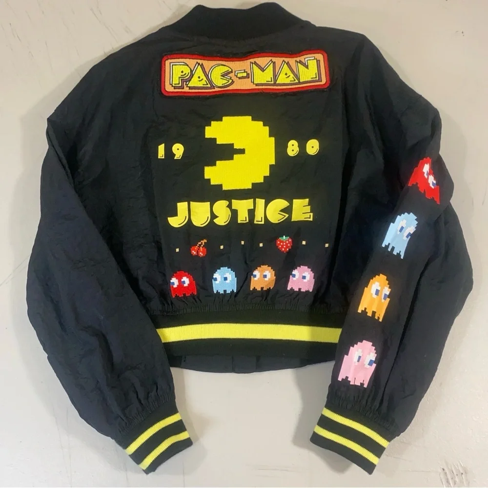 Justice Black and‎ Yellow Nylon Jacket with Pac-Man Graphic Embroidered